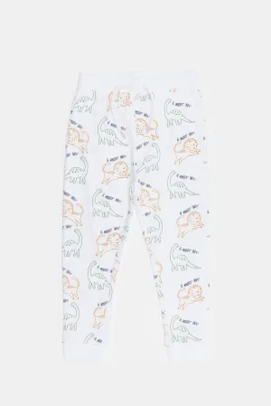 Boys White Dino And Lion Printed Active Pants