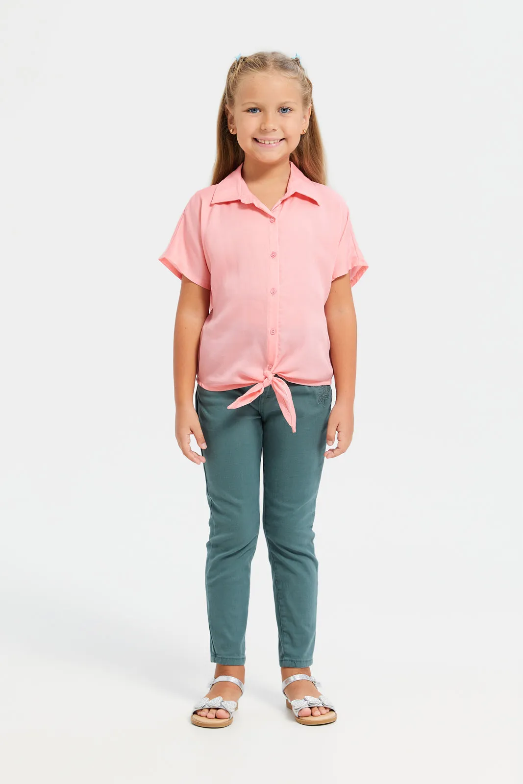 Girls Pink Collared Plain Knotted Shirt Blouse