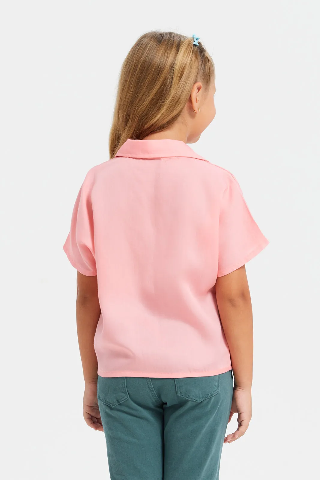 Girls Pink Collared Plain Knotted Shirt Blouse