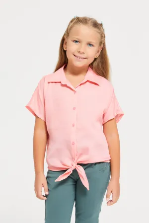 Girls Pink Collared Plain Knotted Shirt Blouse