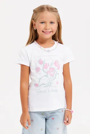 Girls White Flower Printed T-Shirt