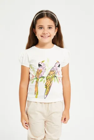 Girls White Parrots Print T-Shirt